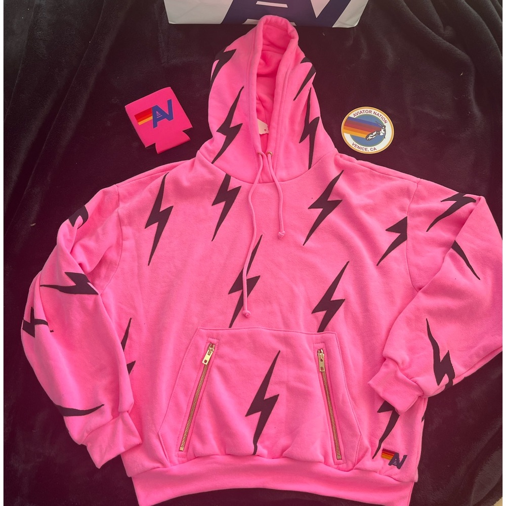 - NWT Aviator Nation Bolt Stitch Repeat Relaxed Pullover Hoodie Neon Pink Small
